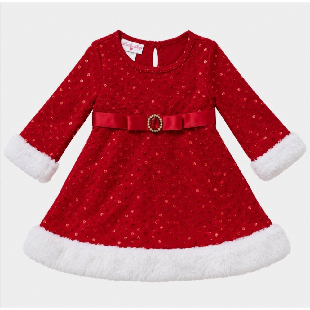 NEW Bonnie Baby Girls Santa Dress Faux Fur Trim 6-9M